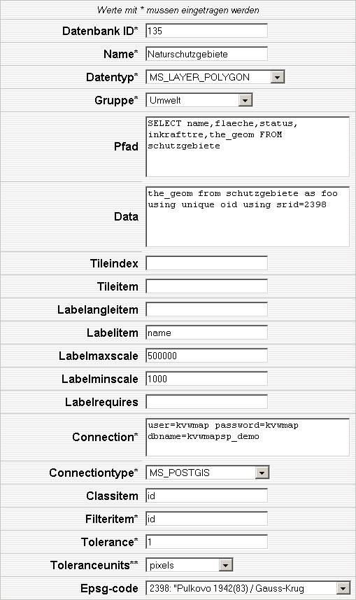 Beispiellayer: Naturschutzgebiete Datendefinition Der generische Layereditor Layerdefinition Datenschema CREATE TABLE schutzgebiete( id
