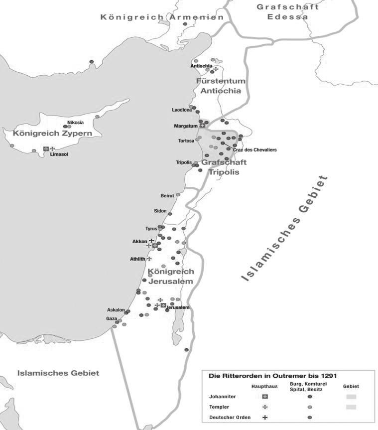 Das Königreich Jerusalem im Jahre 1291 mit seinen Nachbarn in heutigen Teilen von Syrien, Israel und dem Libanon umfasste zahlreiche Städte und ganze Landstriche, beileibe nicht nur die Stadt