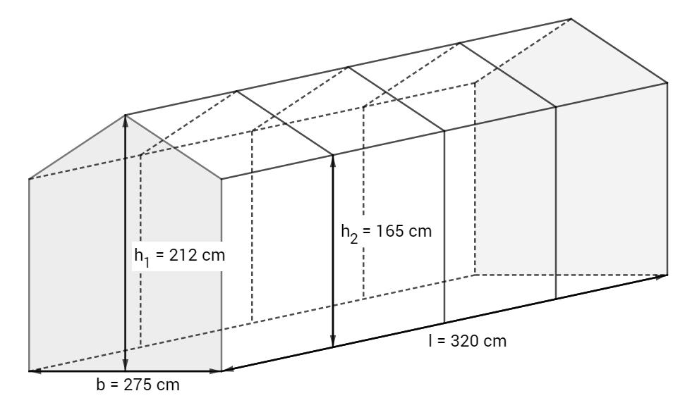 Aufgabe 11 Ein Gewächshaus aus Glas wird aus vier Elementen zusammengebaut (siehe Skizze). Alle Glasflächen sind Rechtecke, mit Ausnahme der fünfeckigen Vorder- und Rückseite.