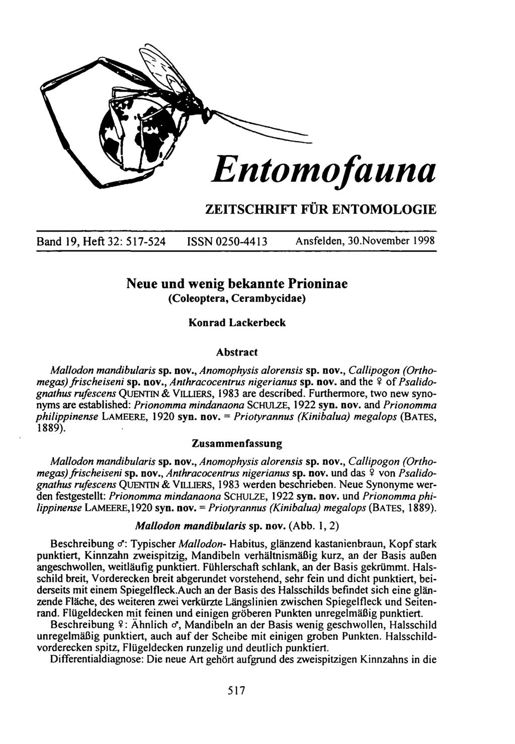 Entomofauna ZEITSCHRIFT FÜR ENTOMOLOGIE Band 19, Heft 32: 517-524 ISSN 0250-4413 Ansfelden, 30.