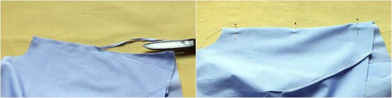 Die Nahtzugabe versäubern/ Cut on the corners of volant, it will be easier to sew.