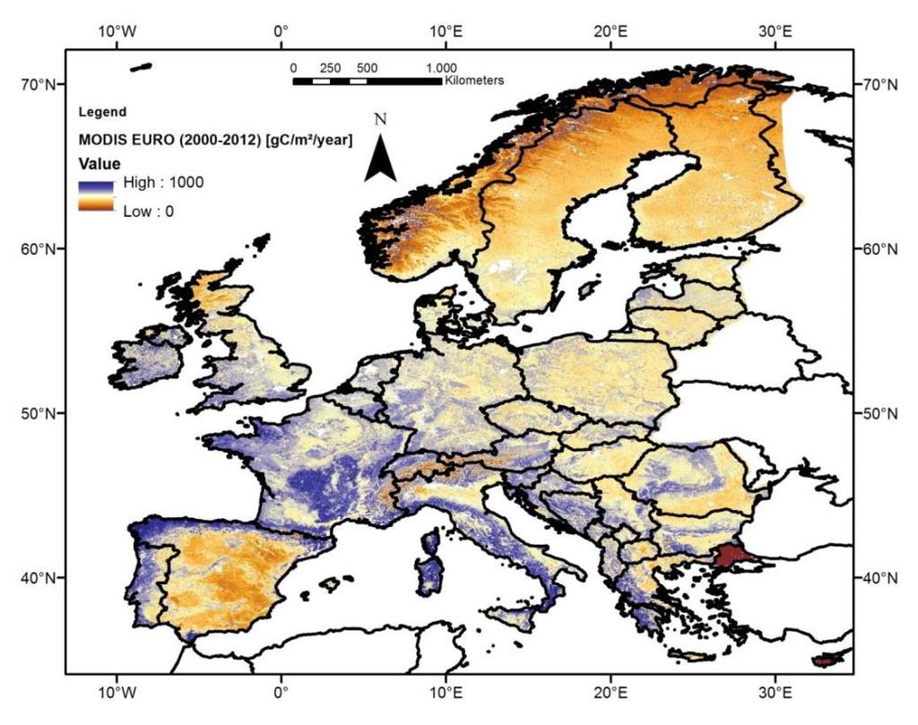MODIS NPP Schätzungen für Europas Wälder 1-km Seit