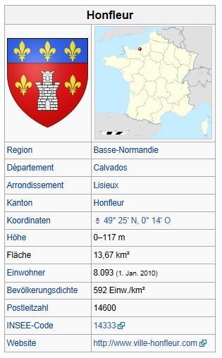 Informationen aus Wikipedia zu Honfleur: Honfleur ist eine Hafenstadt mit 8093 Einwohnern (Stand 1. Januar 2010) im Département Calvados, Basse- Normandie, Frankreich.
