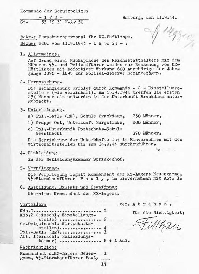 Die Ordnungspolizei Vermerk des Kommandeurs der Schutzpolizei, Walter Abraham, vom 11. September 1944.