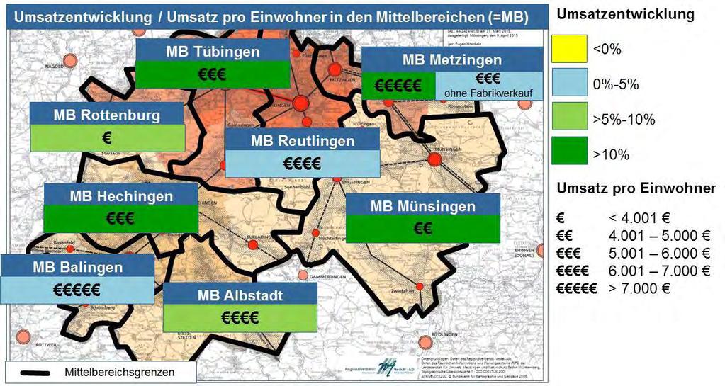 Grafik: Entwicklung der n und des es in den Mittelbereichen der Region Neckar-Alb Quelle: imakomm AKADEMIE, 2017, Kartengrundlage: Regionalverband Neckar-Alb. // Hinweis: Alle Angaben gerundete Werte.