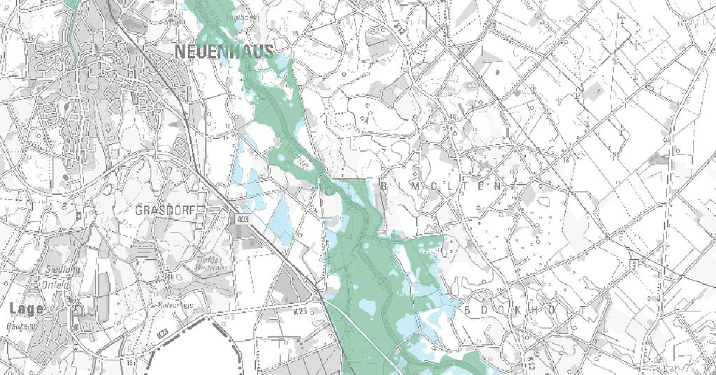 Hydraulische Untersuchungen für Stauniederlegung am Vechtewehr Grasdorf 21 Abbildung 8: Überschwemmungsflächen Vechte HQ häufig (grün) und HQ 100 (blau) (NLWKN,2015) 4.7.