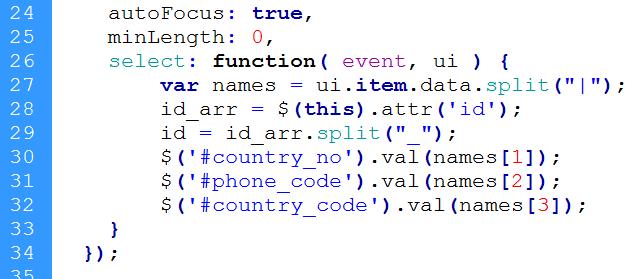 In the jquery autocomplete success method, I am getting the results and splits the Familienname and assign it to the label and value object.