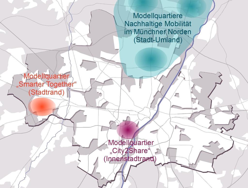 Modellquartiere Übersicht über Münchens Modellquartiere City2Share: Innenstadt- Randlage, Inzell-Initiative, BUMB Erneuerbar mobil Smarter2gether: