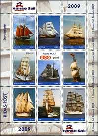 9. Juli 2009 - Ausgabe "Hanse Sail 2009" - MiNr 97/105 Zusammendruck-Bogen "Hanse Sail", mit neun 46 Cent-Marken "Segelschiffe,
