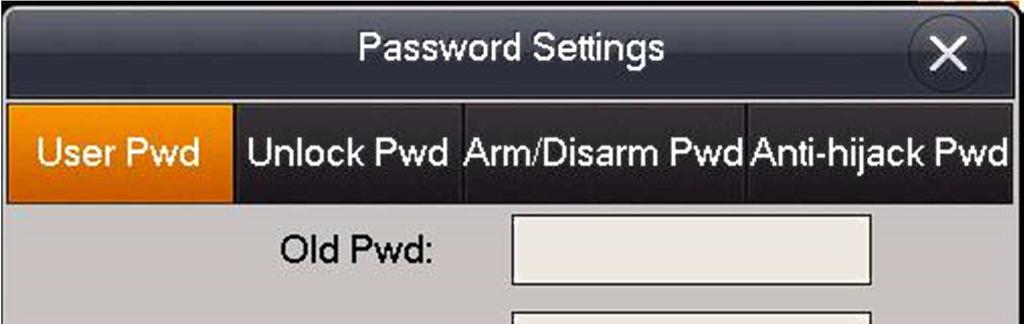 Passwort Schritt 1. Klicken Sie auf Password. Hier können Sie ein Benutzerpasswort, ein Türöffner-Passwort, ein Scharfstell-Passwort sowie ein Anti-Sabotage Passwort erstellen Siehe Abbildung 2-12.