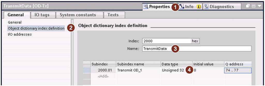 3. Fügen Sie die Objektbibliothek "Transmit data object dictionary" 3 per Doppelklick ein. Unter "Device view 1 Device overview CANopen manager" wird das eingefügte Submodul 2 angezeigt.