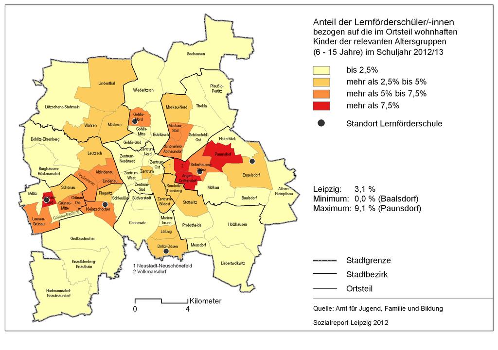 Karte 16 Anteil der Lernförderschüler/-innen Schuljahr 2011/2012 je Ortsteil bezogen auf die im Ortsteil wohnhaften Kinder in der relevanten Altersgruppe (6 15 Jahre) 10.1.3 