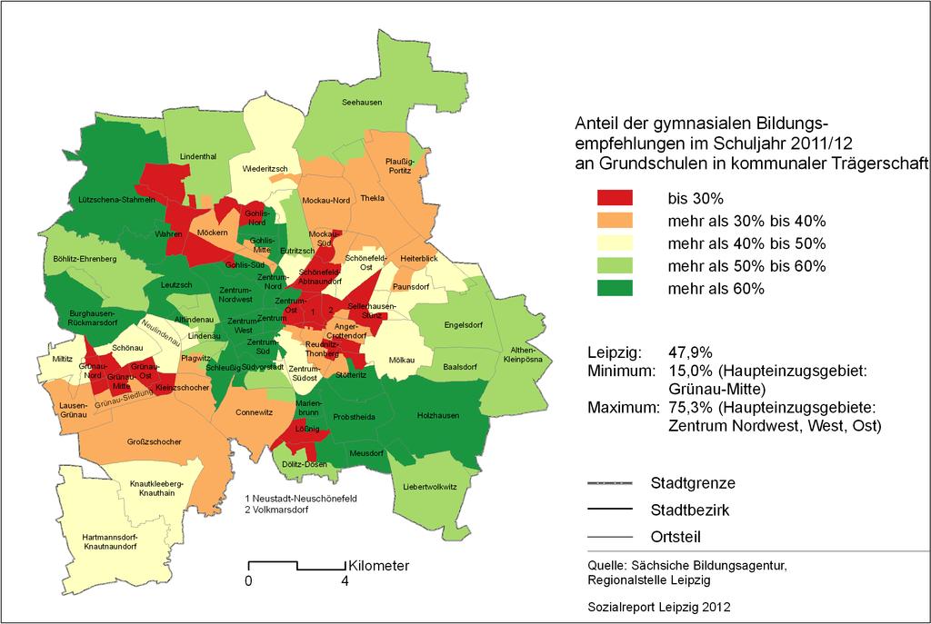 Karte 17 Anteile gymnasialer Bildungsempfehlungen an kommunalen Grundschulen nach Grundschulsprengeln im Schuljahr 2011/12 10.1.3.