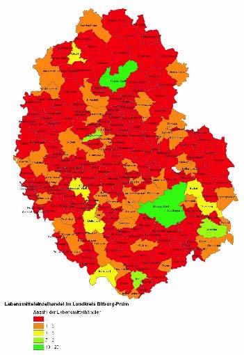 Immer mehr ländliche Gemeinden ohne Nahversorgung (rot) 2/3 der Bevölkerung ohne Zugang zu einem Laden über 100 qm Abb