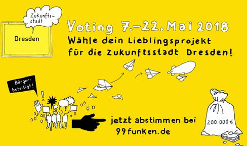 S T A D T E N T W I C K L U N G Abstimmung über Zukunftsstadt-Projekte bis 25. Mai Dresdner Bürgerinnen und Bürger sind seit dem 7. Mai eingeladen, über Zukunftsstadt-Projekte abzustimmen.