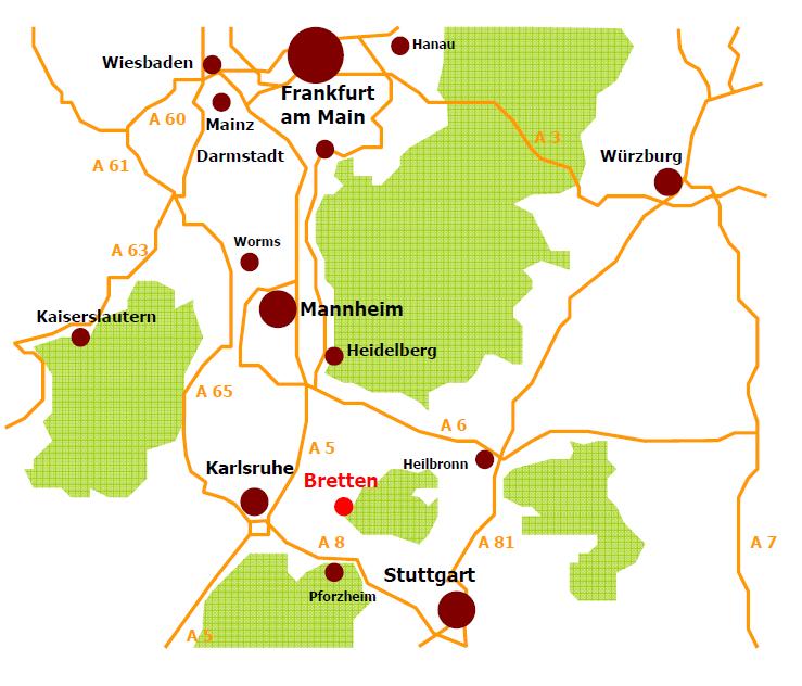 Standort Bretten - Ihre Vorteile Die Kreisstadt Bretten mit ihren rund 28.000 Einwohnern ist ein aufstrebendes Mittelzentrum zwischen den Oberzentren Karlsruhe, Pforzheim, Stuttgart und Heilbronn.