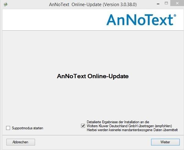 Wir empfehlen, die Ergebnisse der Update Installation an AnNoText zu übertragen und den Updateprozess mit Weiter zu starten.
