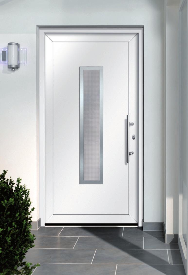 Zeitlose Eleganz Unsere zeitlos eleganten Kunststoffund Aluminium-Haustüren erhalten Sie mit attraktiven Gläsern und Edelstahlapplikationen.