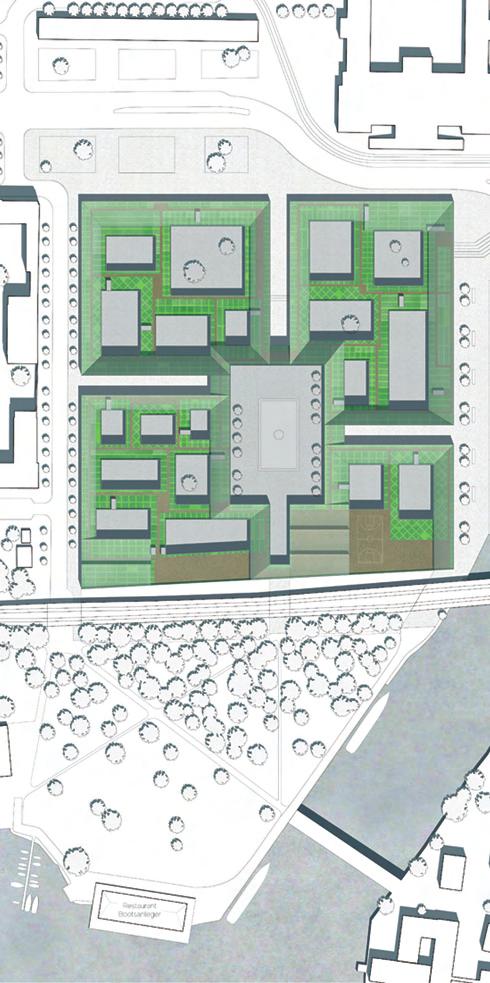 Hauptgestaltungselement ist ein Dachgarten über einer zweigeschossigen Bebauung, die gewerbliche Nutzung im EG und Wohnen im OG vorschlägt.