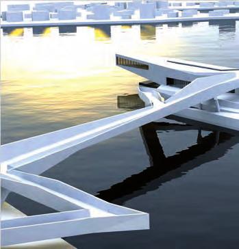 In der ingenieurmäßigen Überlegung zur Gestalt der Brücke wird die Formsprache der weiteren Gestaltung des Areals aufgegriffen, um die Konstruktionshöhen in