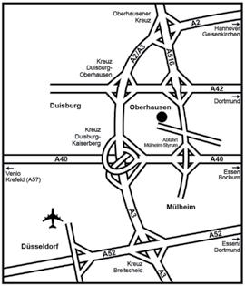 31 Mit dem PKW Aus Richtung Köln die A3 bis zum Autobahnkreuz Duisburg Kaiserberg fahren, von dort weiter auf die A40 (Richtung Oberhausen/Essen) bis zur Abfahrt Mülheim-Styrum.