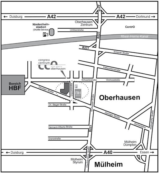 Aus Richtung Hannover auf die A2/A3 und von dort weiter auf die A42 (Richtung Dortmund) bis zur Abfahrt Oberhausen- Zentrum.