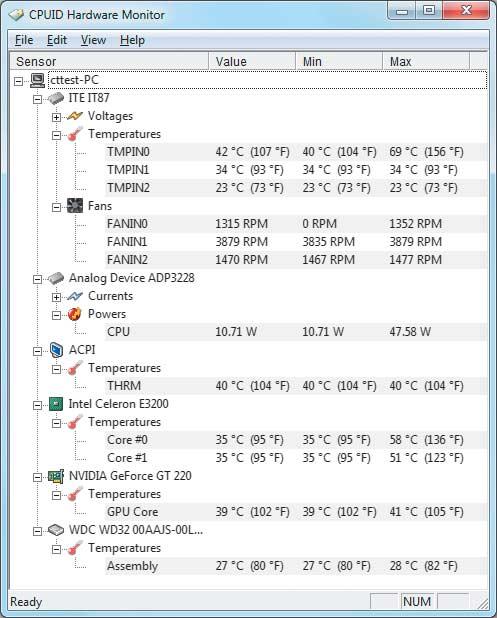 Praxis Lüftersteuerung Das Programm HWMonitor zeigt, wie heiß Prozessor, Grafikkarte und andere Kompon en - ten aktuell sind und hilft damit bei der Einstellung der Lüftersteuerung.