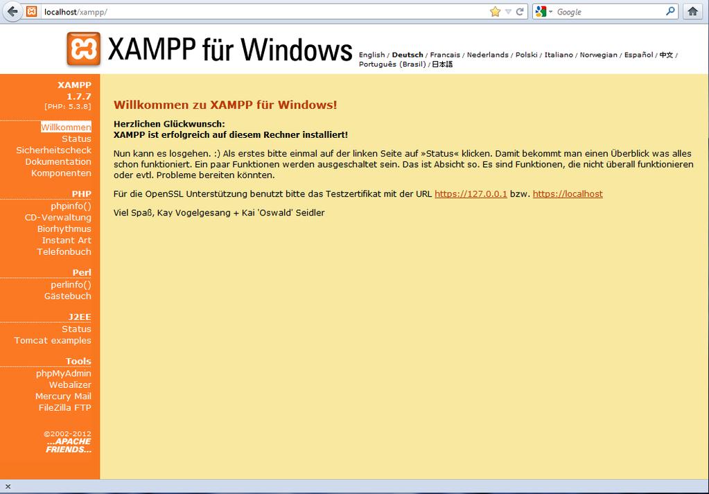 Seite 7/14 SCHRITT 3: Bestätigen Sie im XAMPP Control Panel beim Modul Apache die Schaltfläche Admin, um die Startseite des Webservers im Browser zu öffnen.