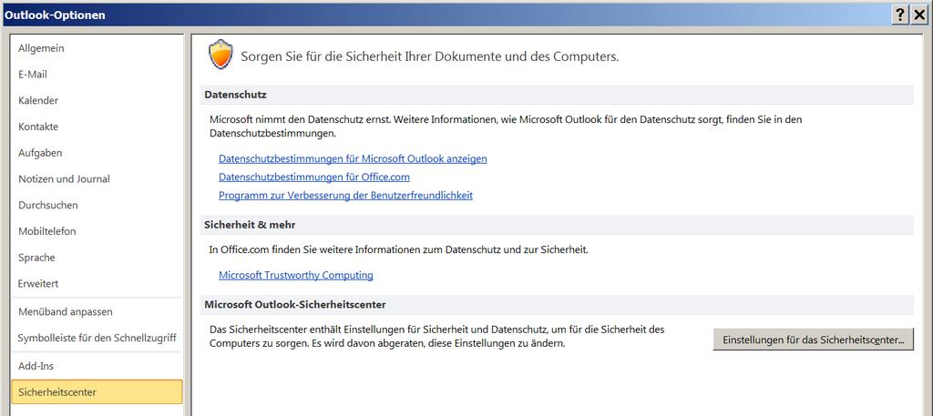 Outlook importieren. Dies erfolgt über Datei / Optionen.