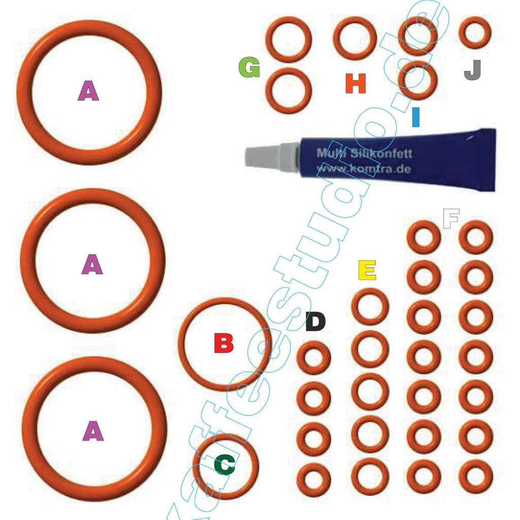 Druckschlauchdichtungen G = O-Ring für das Steigrohr H = Kupplungsstück langer Zapfen I = Kleiner Kupplungszapfen am Brühkolben und Pumpenanschluss J = Kleiner Kupplungszapfen am Brühkolben Alle