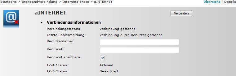 Ist dies nicht der Fall, stellen Sie die Verbindung her, indem Sie bei Breitbandverbindung auf ainternet klicken.