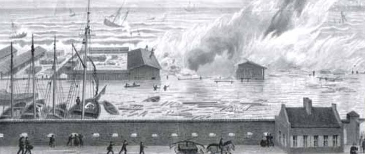 Hochwasser Überschwemmung und Feuersbrunst im Hafen von Stralsund, November 1872. Regelwerk Küstenschutz MV Der höchste gemessene Scheitelwasserstand liegt bei etwa 3,3 m über Normalnull (NN).