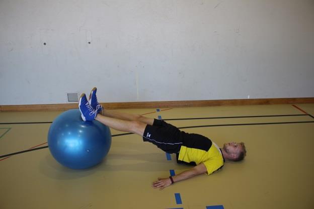Beinbeugen mit Füssen auf Gymnastikball Unterkörper: Oberschenkelmuskulatur hinten Rückenlage, Beine gestreckt auf dem Gymnastikball, Beine beugen und strecken (Ball zum Gesäss führen), gleichzeitig