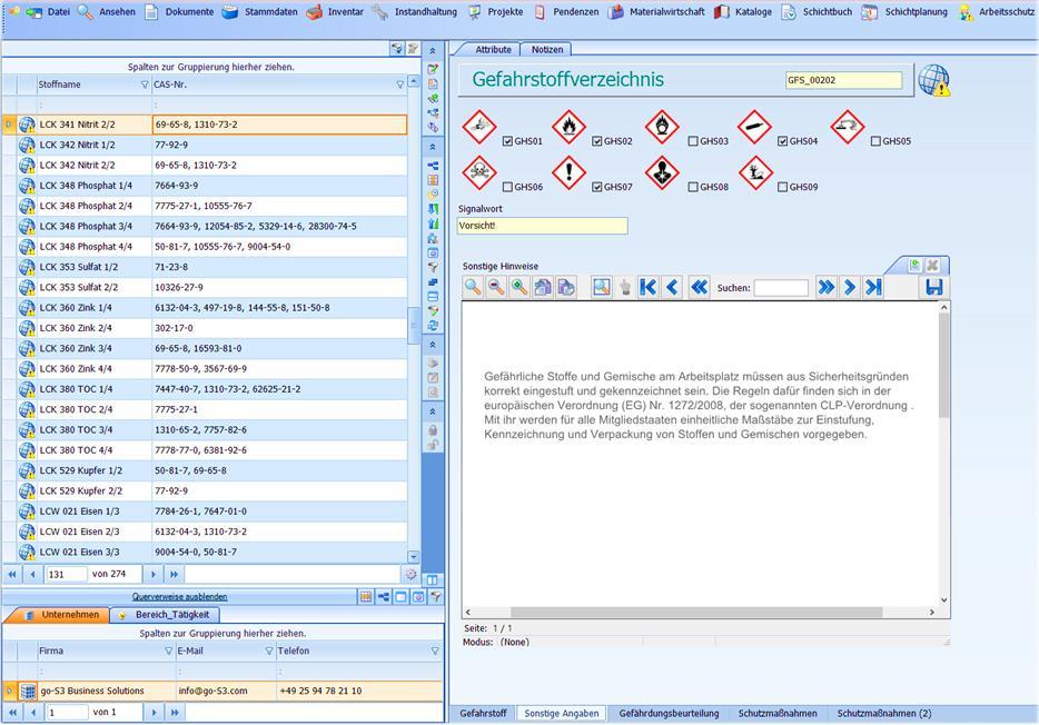 Gefahrstoffkataster Auf Grundlage des global harmonisierten Systems zur Einstufung und Kennzeichnung von Chemikalien (kurz: GHS) können Gefahrstoffe im System eingestuft werden.