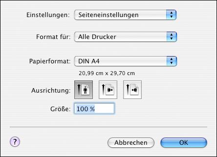 DRUCKEN UNTER MAC OS X 31 DRUCKOPTIONEN FESTLEGEN UND AUFTRÄGE UNTER MAC OS X DRUCKEN 1 Öffnen Sie im Anwendungsprogramm das Dokument, das Sie drucken wollen, und wählen Sie Papierformat im Menü