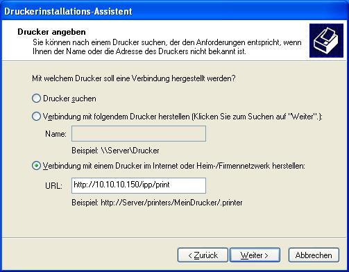 DRUCKEN UNTER WINDOWS 58 5 Windows 2000/XP/Server 2003/Vista: Geben Sie in das Feld URL die IP-Adresse oder den DNS-Namen des Fiery Controllers gefolgt von ipp/ und der englischen Bezeichnung der als
