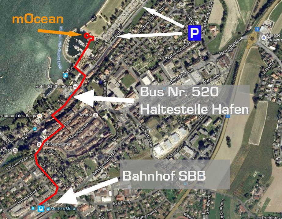 SITUATIONSPLAN Öffentlicher Verkehr: Vom Bahnhof Murten gelangst du zu Fuss in ca. 15 zum Hafen Murten. Ein Spaziergang durch die historische Alstadt lädt geradezu dafür ein.