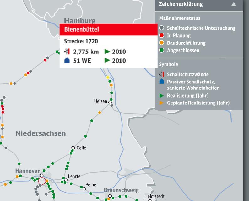 Lärmsanierung in Niedersachsen Auslösewerte bis 2014 mit Schienenbonus: WA/WR 75/65 db(a) tags/nachts Quelle: http://www1.