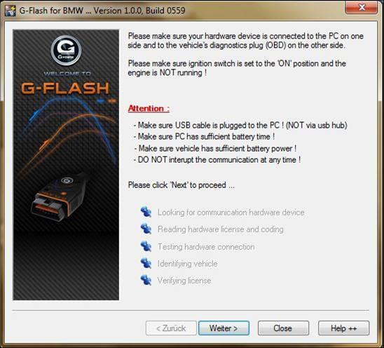 INSTALLATION 7. Verbinden Sie den Laptop über eine USB Schnittstelle mittels G- FLASH Kabel mit der OBD Schnittstelle am Fahrzeug.
