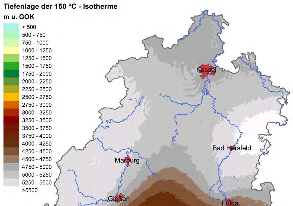 Untergrundtemperatur Temperaturen von mehr als 150 C sind im Oberrheingraben in Tiefen von mehr als