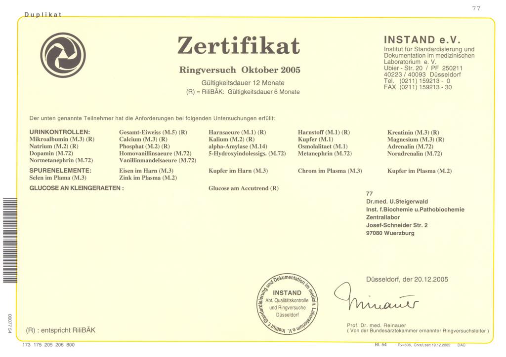 n 11 pli I(.a t Ringversuch Oktober 25 (R)= RiIiBÄK:Gültigkeitsdauer6 Monate Institut tür Standardisierung und Ubier - Str. 2 / PF 25211 4223 / 493 Düsseldorf Tel.