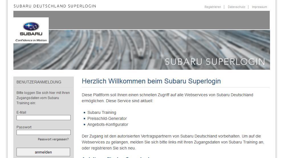 1 Login Um sich am Superlogin anzumelden, nutzen Sie die gleichen Zugangsdaten, welche Sie bisher für subaru-training.de genutzt haben.