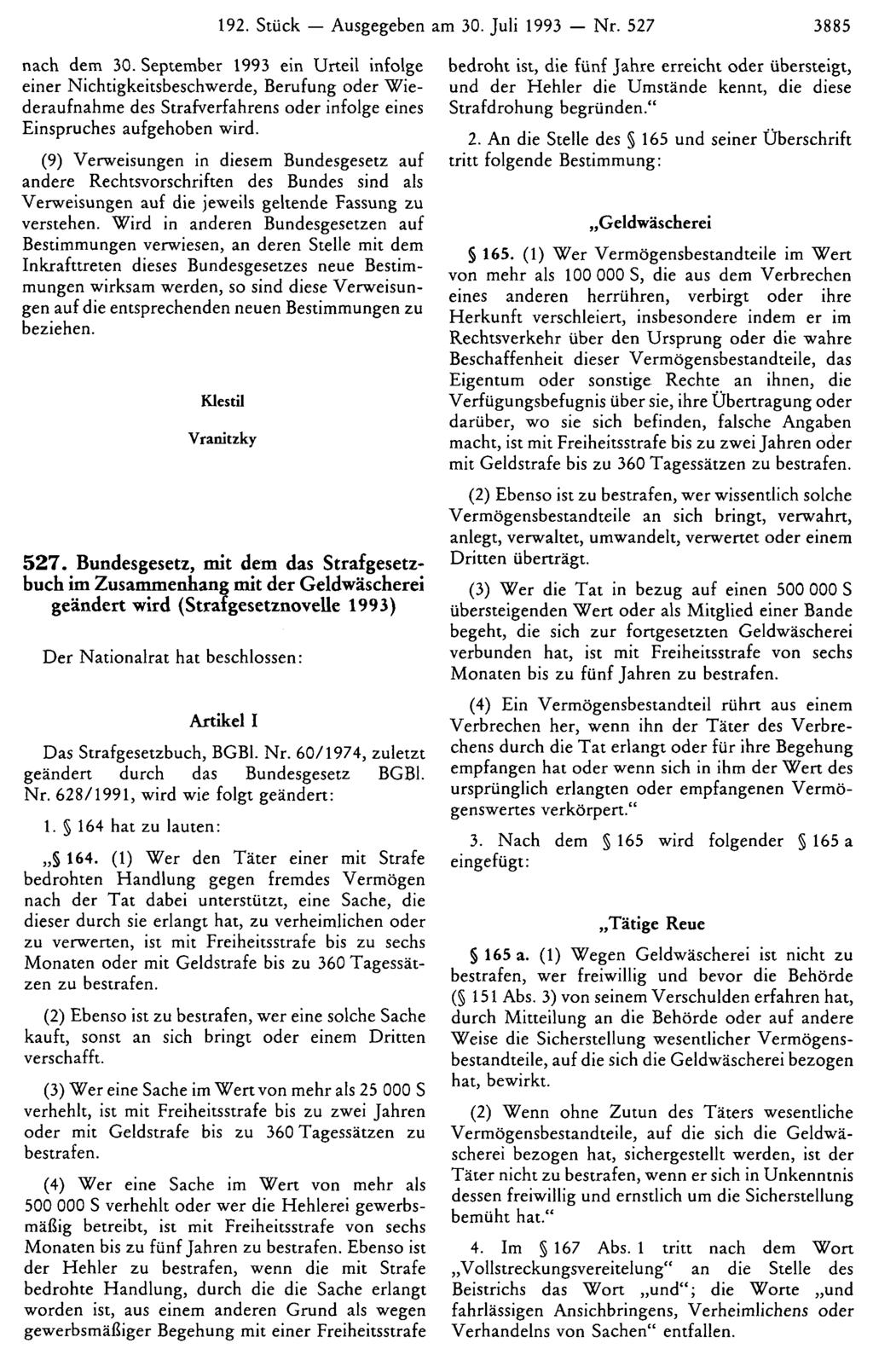 192. Stück - Ausgegeben am 30. Juli 1993 - Nr. 527 3885 nach dem 30.