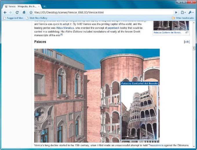 Kulturinteressierte können den als XML3D-Demo in eine Wikipedia-Seite eingebetteten venezianischen Palast virtuell erforschen (Abb.ˇ5). Index-Dreiecksnetz repräsentiert.