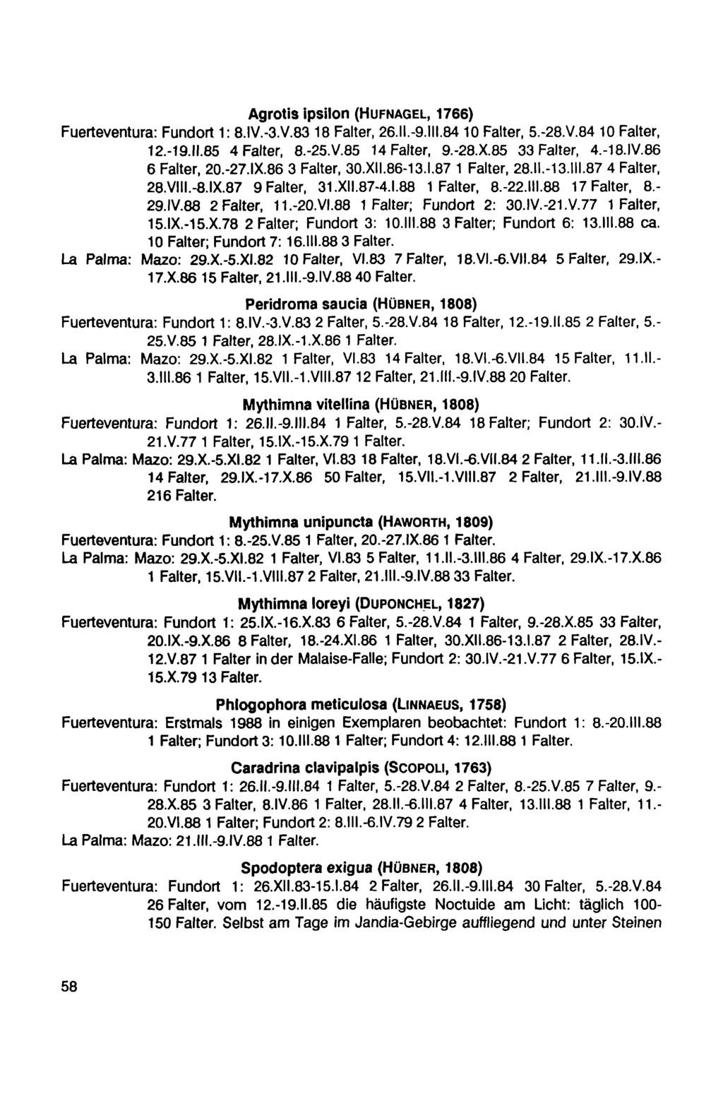 Agrotis ípsilon (Hufnagel, 1766) Fuerteventura: Fundort 1: 8.IV.-3.V.83 18 Falter, 26.ll.-9.lll.84 10 Falter, 5.-28.V.84 10 Falter, 12.-19.il.85 4 Falter, 8.-25.V.85 14 Falter, 9.-28.X.