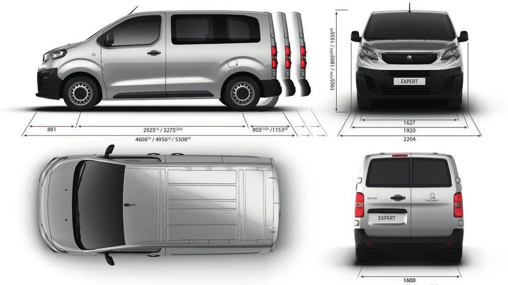 PEUGEOT Expert Kombi ABmessungen 1) min. 1890 max.