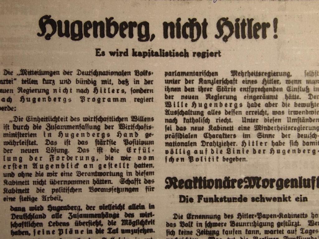 Zudem war Hugenberg der Inhaber des Hugenberg-Konzerns, des größten Medienimperiums in Deutschland. Zu diesem Konzern gehörten zahlreiche Zeitungen und die UFA.