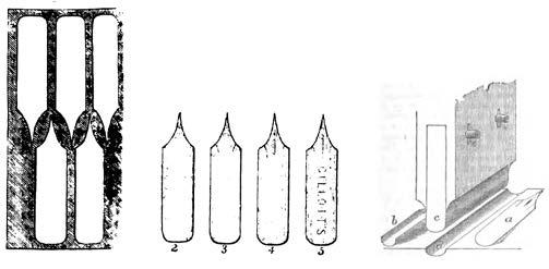 Od kovinskega stilusa do digitalnega peresa: zgoščena zgodovina pisal 309 Izdelava kovinskih peres v zac etku 19. stoletja: izsekavanje iz kovinskega traku (levo), žlebljenje (desno).