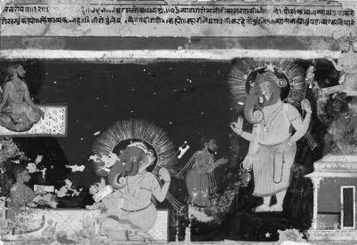 Začetki in razvoj pisave 343 Ganeša med pisanjem Mahabharate, ki jo brez premora narekuje vedski modrec Vjasa. Detajl ilustriranega rokopisa Mahabharate iz 17. stoletja. (Internetni vir: http://ea.