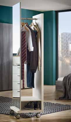 2 Freistehender Garderobenspiegel mit Spiegel, Kleiderstange und Ablageboden.